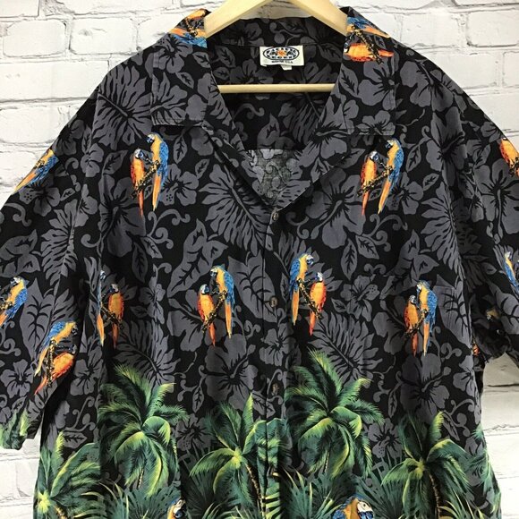 Pacific Legend Hawaiian Shirt Black Gray Parrots Jungle Foliage Button Down - Picture 2 of 7